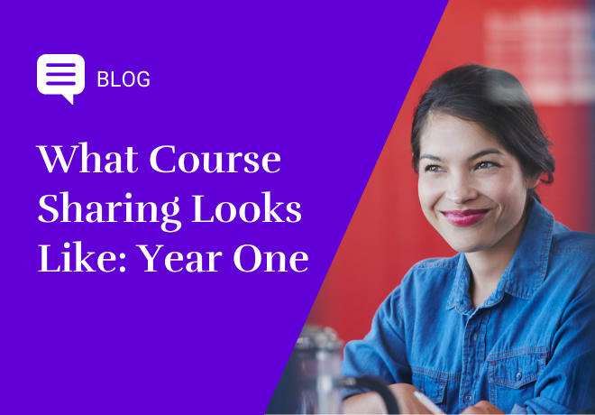 Blog Image: [purple background] What Course Sharing Looks lIke: Year One. Photo of women in jean shirt on red background.