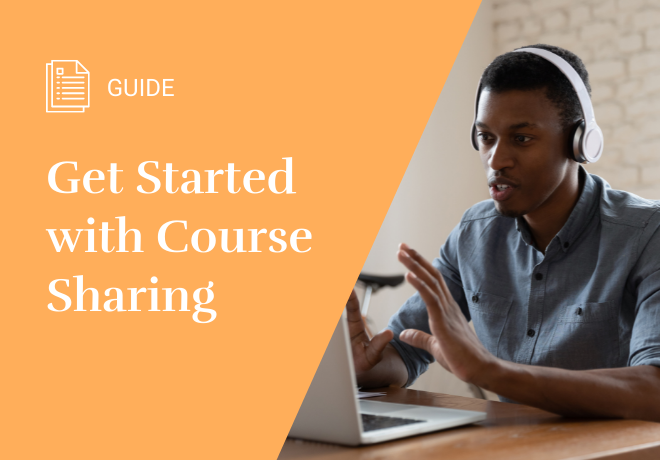 Guide Image: Get Started with Course Sharing. Photo of teacher on right explaining course with headphones on.