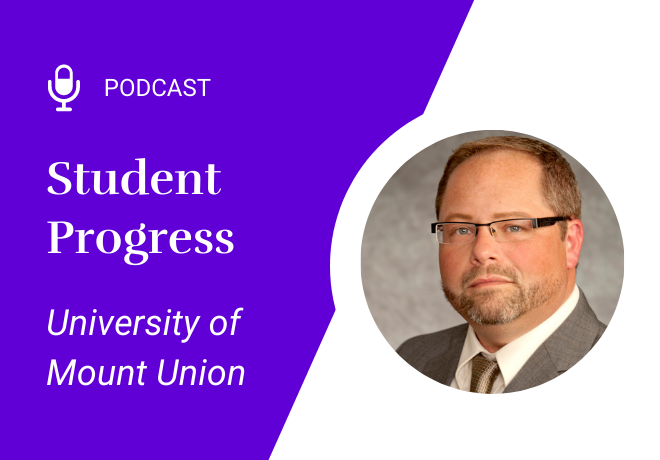 Podcast Image: [Purple background] Student Progress, University of Mount Union. Photo of male with glasses and white shirt with brown blazer.