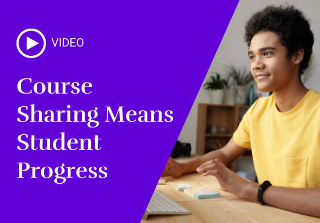 Video Image: [Purple Background] Course Sharing Means Student Progress. Photo of male in front of computer with post-it notes.