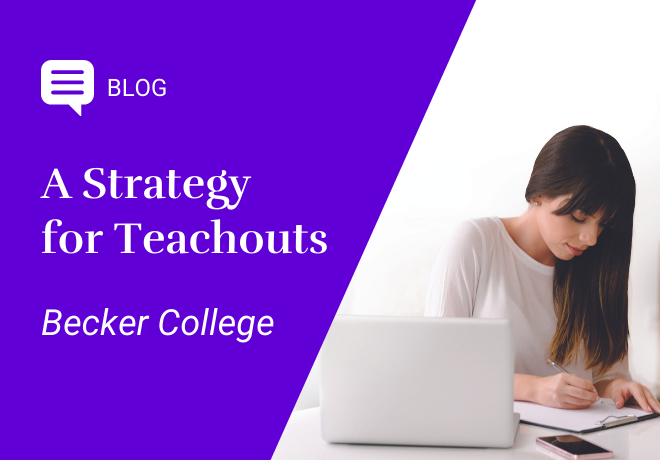 Blog Image: [purple background] A Strategy for Teachouts - Becker College. Photo of women writing next to computer.
