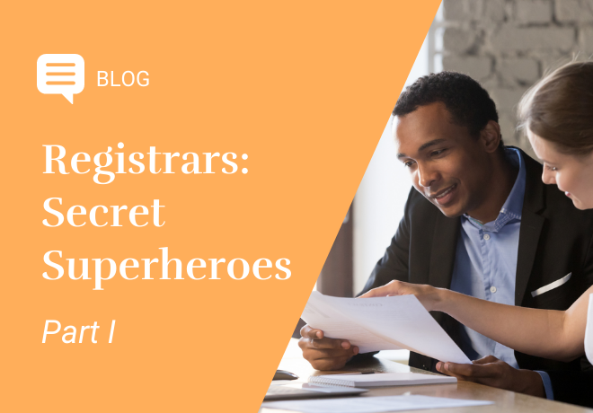 Blog Image: [yellow background] Registrars: Secret Superheroes, part 1. Photo of student with registrar
