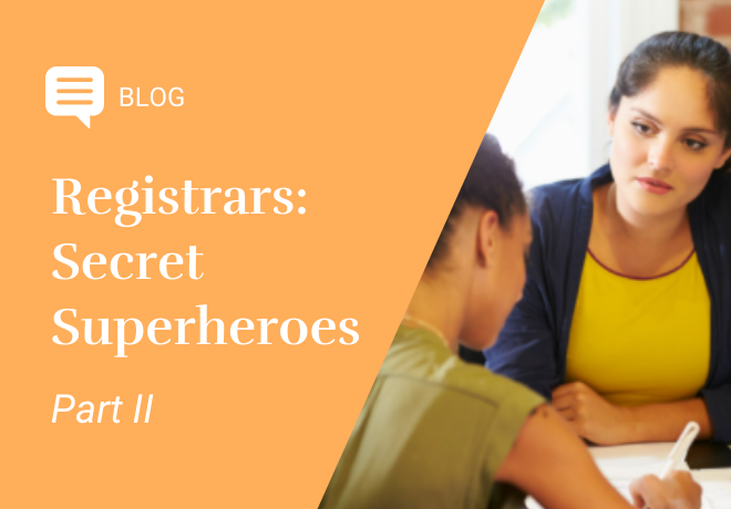 Blog Image: [yellow background] Registrars: Secret Superheroes, part II. Photo of student with registrar